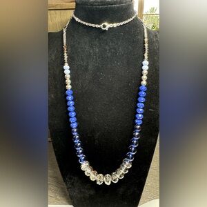 Long Silver Light Blue, Navy Blue, Silver & Glass Beads Necklace